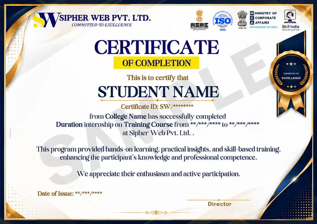 Sample Sipher Web Academy certificate of completion, issued in association with Integral University